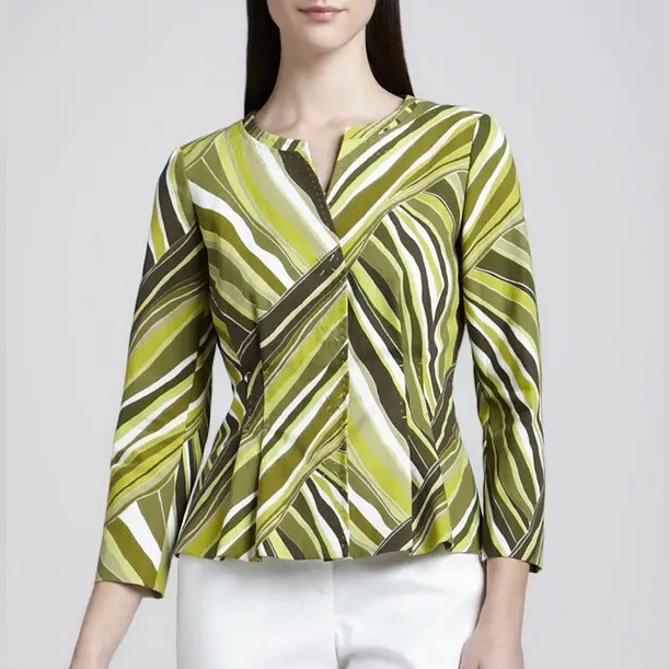 Lafayette 148 Ny Green White Striped Bamboo Leaf Print Cotton Jacket Size 12